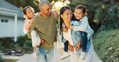 Buy stock photo Children, parents and piggyback with smile outdoor of home for bonding, family time or love. Carry, development and happy with people together for growth, security or trust as mom, dad and daughters