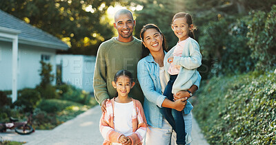 Buy stock photo Portrait, parents and children in front yard with house, smile and bonding together on weekend break. Mother, father and people outdoor by home with daughters, connection or love for family wellness.