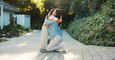 Buy stock photo Outdoor, hug and mother with girl, smile and bonding together for support, family and care. People, mama and daughter with embrace, happiness and fun with relationship, love and kindness in Canada