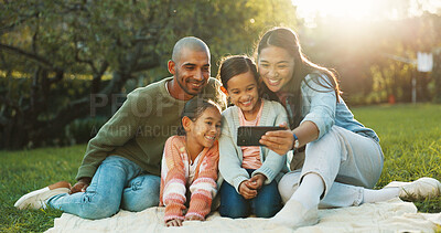Buy stock photo Selfie, parents and children on picnic blanket at park for social media post, vacation and relax. Kids, mother and father with family photo on grass for holiday, happy memory and profile picture