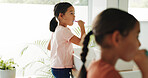 Sisters, girl and brushing teeth by mirror in bathroom, oral hygiene and morning routine for grooming. Wellness practice, home or children with toothbrush for dental care, clean mouth or fresh breath