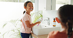 Kids, dental health and show teeth in bathroom for gum wellness, self care and fresh breath. Girl, toothbrush and cleaning in home for oral hygiene, orthodontics and dentistry for development