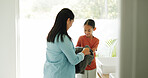 Mother, child and wipe hands with towel for hygiene, cleanliness and bacteria removal. Smile, woman and help with drying palm of kid, sanitation habit and family guidance for germ prevention at house