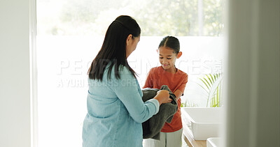 Buy stock photo Mother, child and washing hands with towel for hygiene, cleanliness and bacteria removal. Smile, woman and help with drying palm of kid, sanitation habit and mom guidance for germ prevention at house