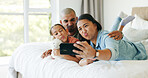 Selfie, parents and girl with funny face on bed, social media post and family bonding for weekend break. Profile picture, toy or people with child for photography, support or silly expression in home