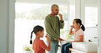 Father, children and brushing teeth in bathroom for teaching, oral hygiene or morning routine for bonding. Man, sisters or girls with toothbrush to learn dental care, cleaning mouth technique or home
