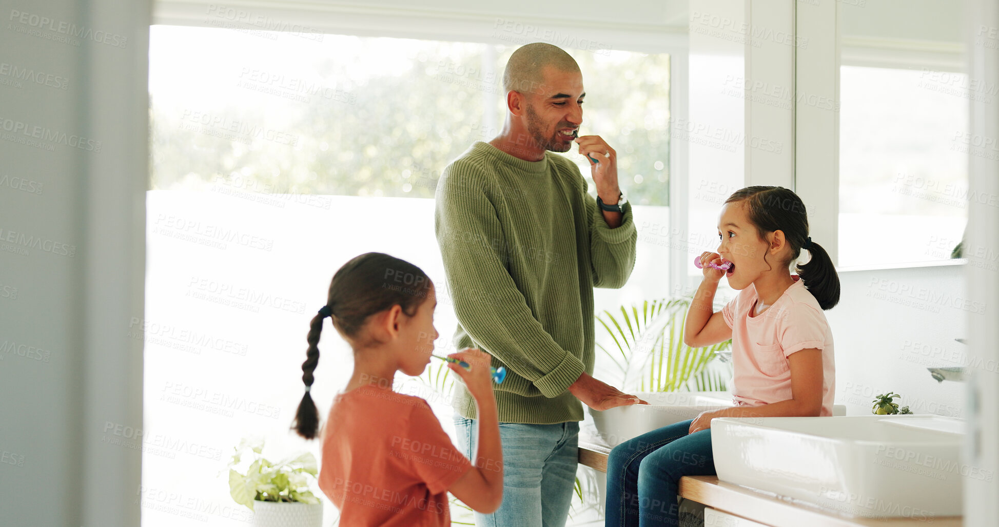 Buy stock photo Father, children and brushing teeth in bathroom for teaching, oral hygiene or morning routine for bonding. Man, sisters or girls with toothbrush to learn dental care, cleaning mouth technique or home