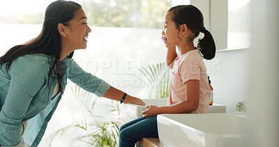 Buy stock photo Child, mom or brushing teeth for dental health in bathroom, gum wellness or laugh with parent. Girl, toothbrush and learning with funny mother in home, cleaning mouth and teaching oral hygiene