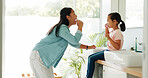 Mother, girl and brushing teeth in bathroom for learning, oral hygiene and morning routine for bonding. Teaching, woman and child with toothbrush for dental care, cleaning mouth demonstration or home