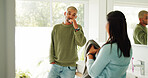 Brushing teeth, hygiene and couple in bathroom, oral health and cleaning mouth to remove gingivitis. Dental wellness, man and woman in home, relationship and morning routine for fresh breath and care