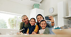 Baking, parents and girls with selfie in kitchen, family bonding and social media post for memory. Smile, photography and people with children for teaching cooking, profile picture update and home