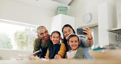 Buy stock photo Baking, parents and girls with selfie in kitchen, family bonding and social media post for memory. Smile, photography and people with children for teaching cooking, profile picture update and home