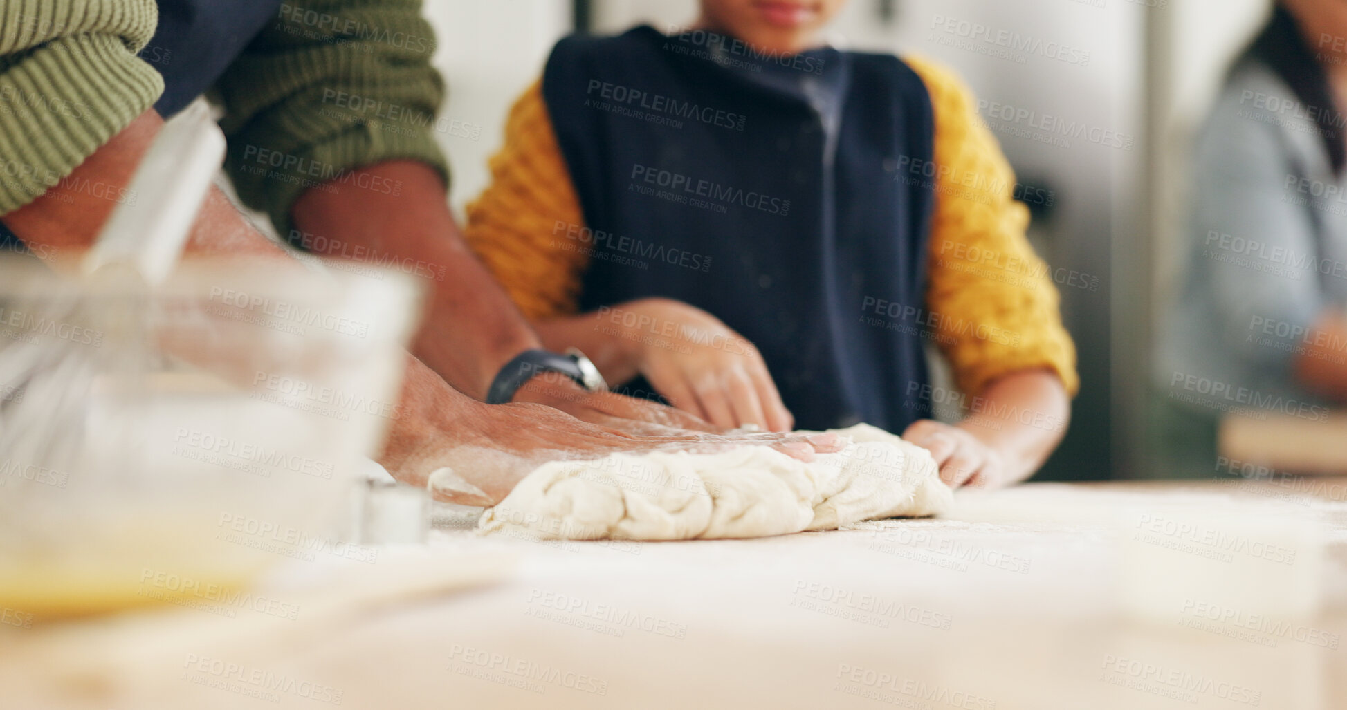 Buy stock photo Baking, father and girl in kitchen, hands and bonding together for hobby, recipe or help. Family, dad or daughter in home, learning or meal prep with utensils for cooking, bowl or technique for dough