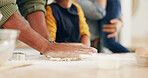 Baking, father or girl in home, hands and bonding together for hobby, recipe or teaching. Family, dad or daughter in kitchen, learning or meal prep with skills, cooking or technique for dough or help