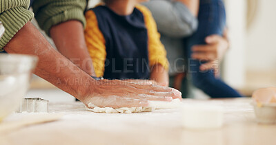Buy stock photo Baking, father or girl in home, hands and bonding together for hobby, recipe or teaching. Family, dad or daughter in kitchen, learning or meal prep with skills, cooking or technique for dough or help