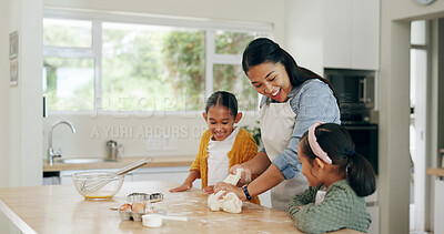 Buy stock photo Home, mother and kids baking with dough for teaching dessert recipe, bonding or development. Kneading, mom and children with pastry preparation for cake, learning skills and happy family in kitchen