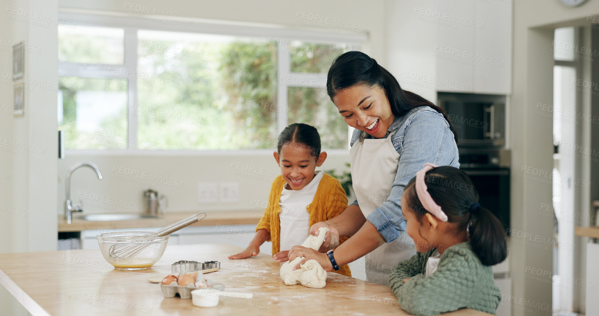 Buy stock photo Home, mother and kids baking with dough for teaching dessert recipe, bonding or development. Kneading, mom and children with pastry preparation for cake, learning skills and happy family in kitchen