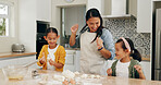 Dance, baking and mom with kids in kitchen for bonding with pastry, dough and prepare dessert. Family, happy and mother with girls excited for helping, learning and recipe for cookies with movement