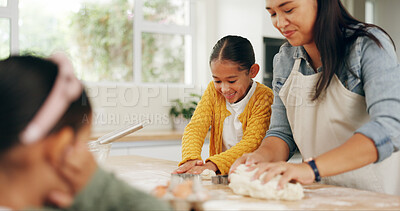 Buy stock photo Baking, mother and girls in kitchen, dough and bonding together for hobby, ingredients or help. Family, mama or daughters in home, culinary skills or meal prep with utensils for cooking and recipe