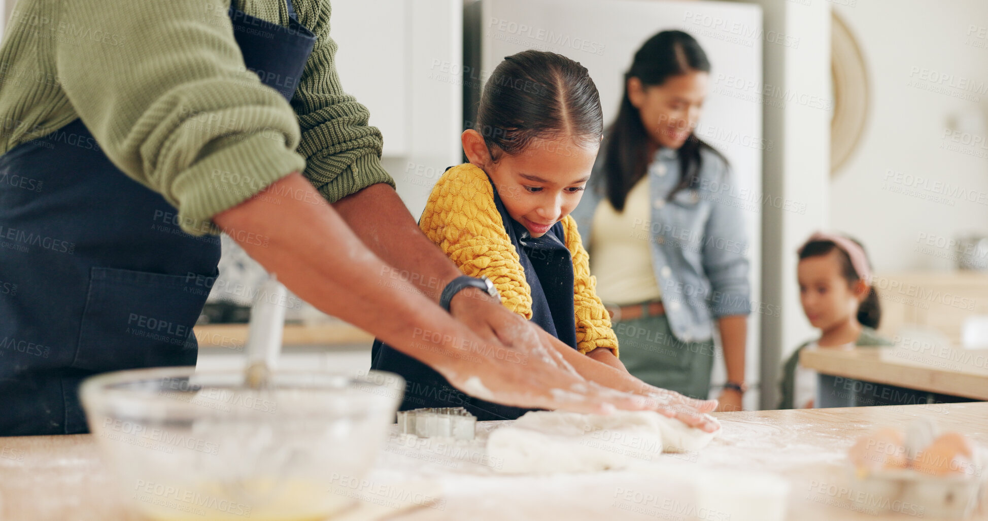 Buy stock photo Happy, baking and parents with children in kitchen for bonding with pastry, dough and prepare dessert. Family, home and girls with mom, dad and helping for learning recipe, cookies and cake together