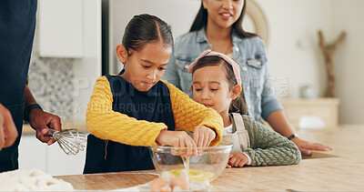 Buy stock photo Kitchen, parents and children baking with eggs for learning recipe, cake mixture and development. Family bonding, people or kids with ingredients for dessert, teaching skills and helping hand in home