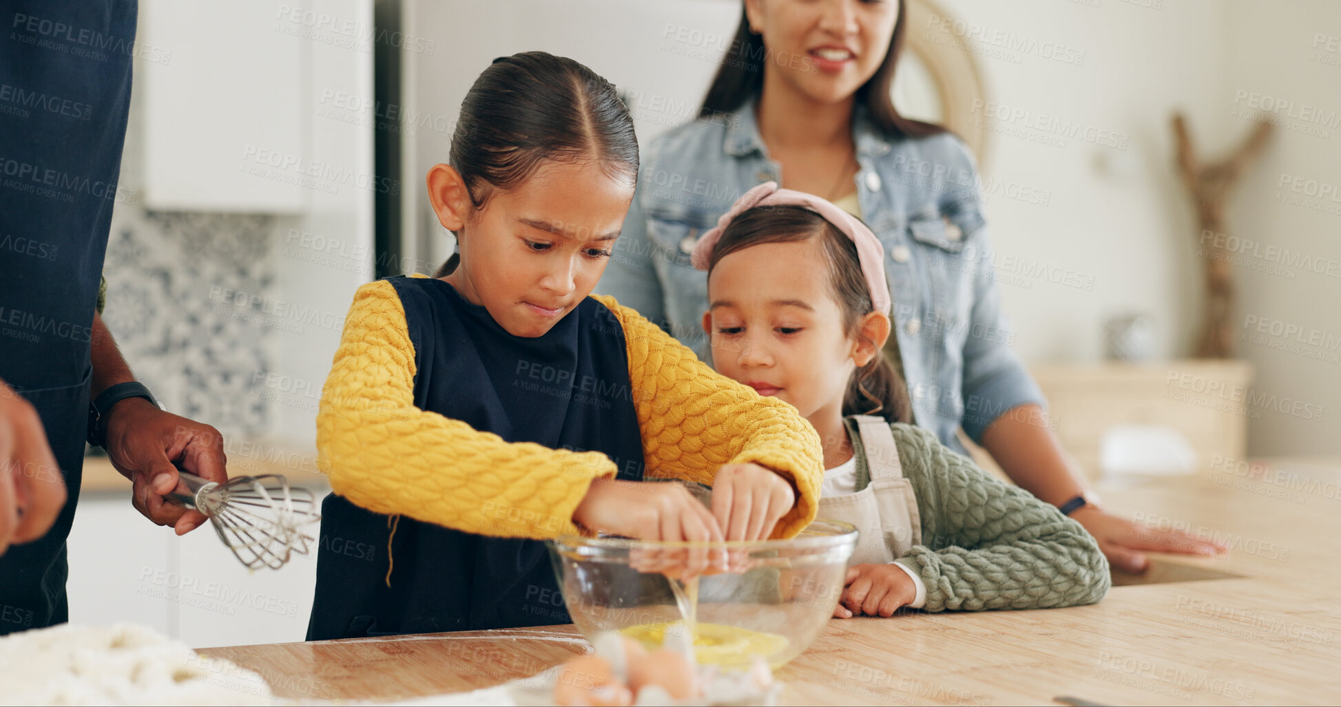 Buy stock photo Kitchen, parents and children baking with eggs for learning recipe, cake mixture and development. Family bonding, people or kids with ingredients for dessert, teaching skills and helping hand in home