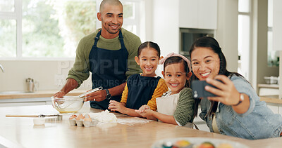 Buy stock photo Cooking, parents and girls with selfie in kitchen, weekend bonding and social media post for memory. Smile, photography and people with children for teaching baking, profile picture update and home