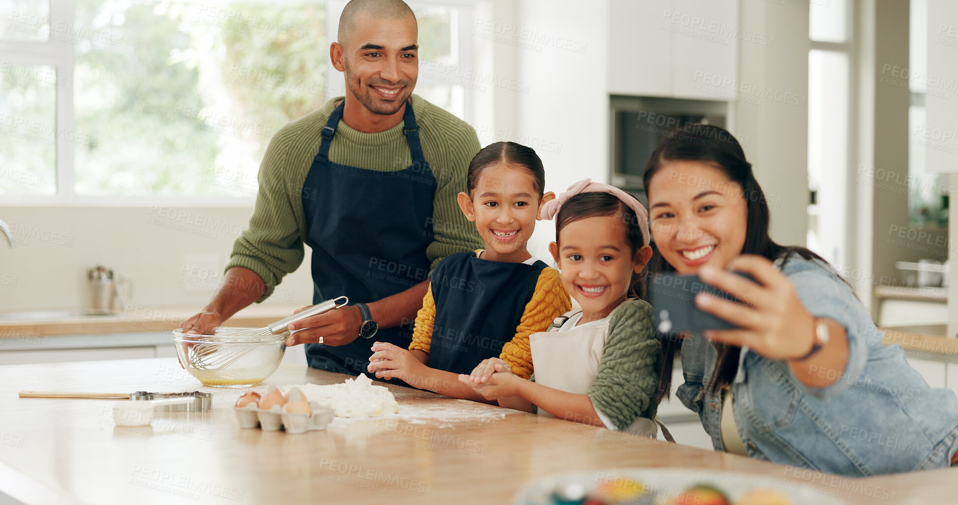 Buy stock photo Cooking, parents and girls with selfie in kitchen, weekend bonding and social media post for memory. Smile, photography and people with children for teaching baking, profile picture update and home