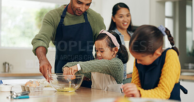 Buy stock photo Kitchen, dad and kids baking with eggs for learning recipe, cake mixture and child development. Family bonding, father and girls with cookies ingredients for dessert, teaching skills and help in home