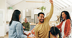Family, dancing or people with smile in living room, holiday celebration or bonding for relationship. Connection, parents and children with happiness in home, music and groove for fun together