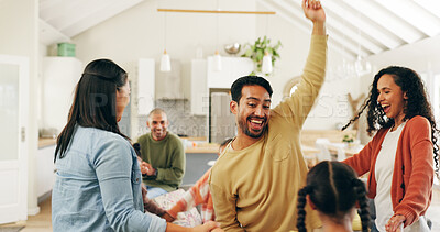 Buy stock photo Family, dancing or people with smile in living room, holiday celebration or bonding for relationship. Connection, parents and children with happiness in home, music and groove for fun together