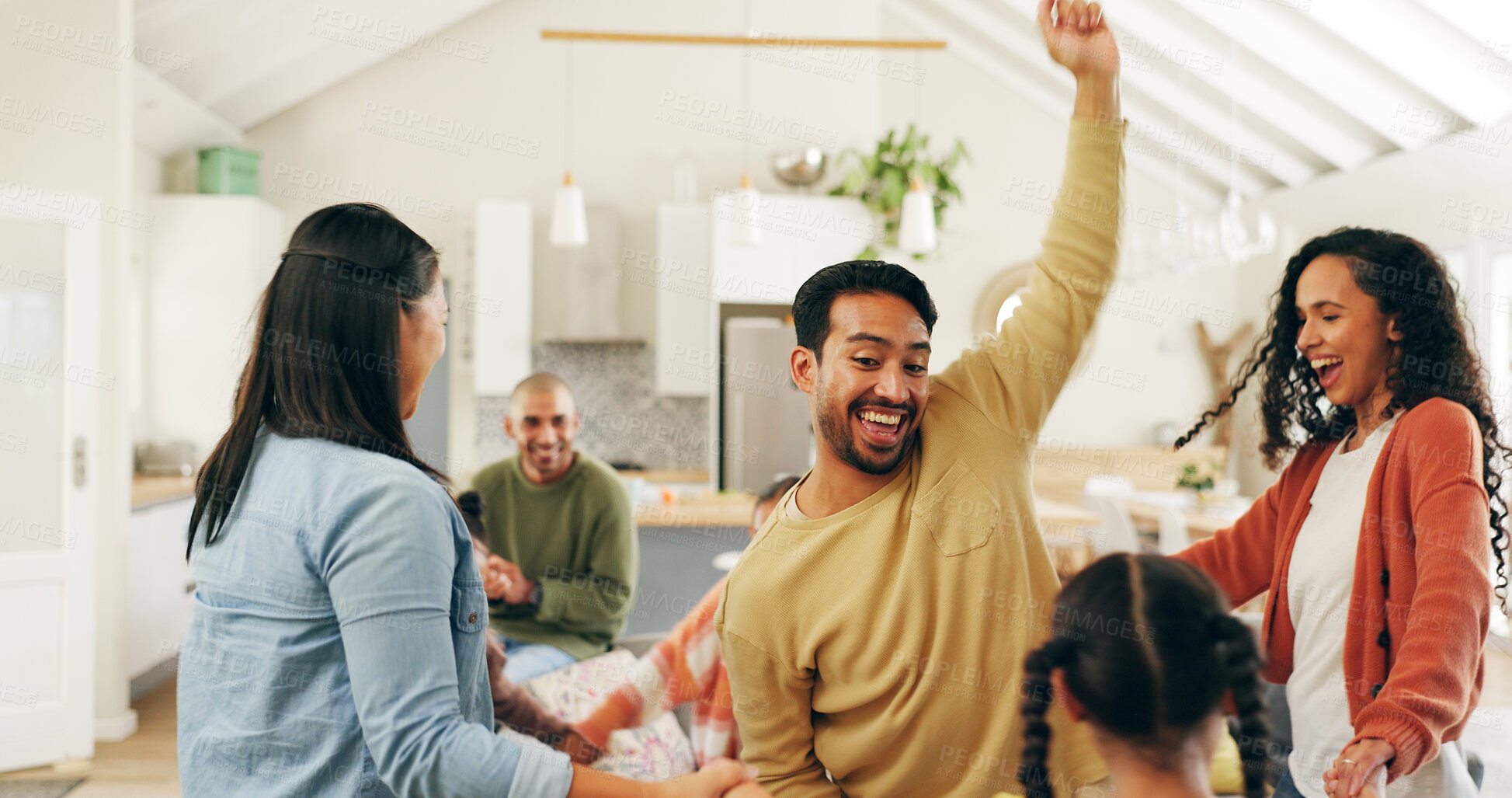 Buy stock photo Family, dancing or people with smile in living room, holiday celebration or bonding for relationship. Connection, parents and children with happiness in home, music and groove for fun together