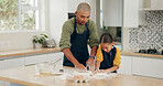 Home, dad and child baking with dough for teaching dessert recipe, bonding and development. Kneading, father and kid with pastry preparation for scones, learning skills and cooking lesson in kitchen