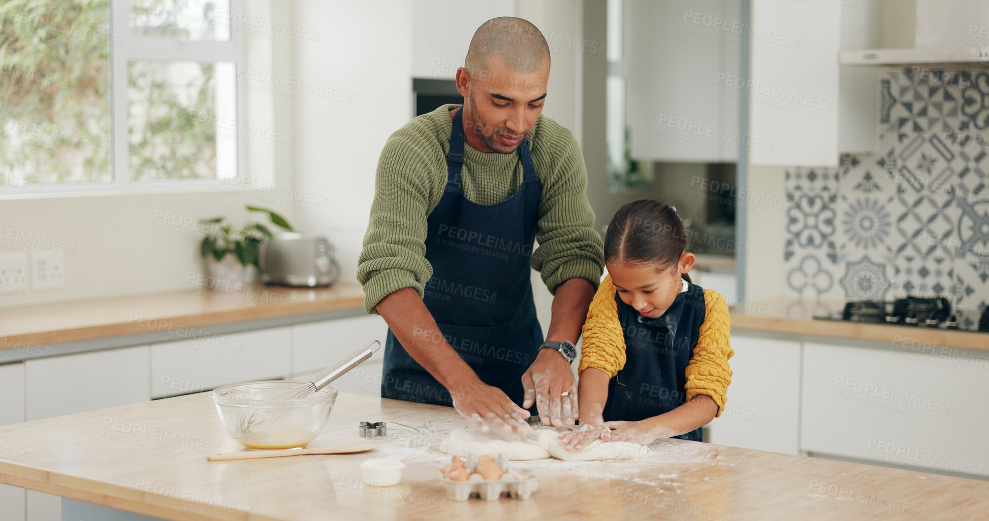 Buy stock photo Home, dad and child baking with dough for teaching dessert recipe, bonding and development. Kneading, father and kid with pastry preparation for scones, learning skills and cooking lesson in kitchen