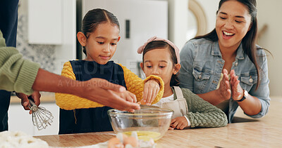 Buy stock photo Baking, family and girls in kitchen, help and bonding together for hobby, ingredients or excited. Happy, parents and children in home, recipe or meal prep with utensils for cooking, growth and dough