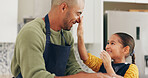 Baking, father and girl in home, smile and bonding together for hobby, ingredients or playing. Family, dad or daughter in kitchen, happiness or meal prep with skills for cooking, dough or recipe