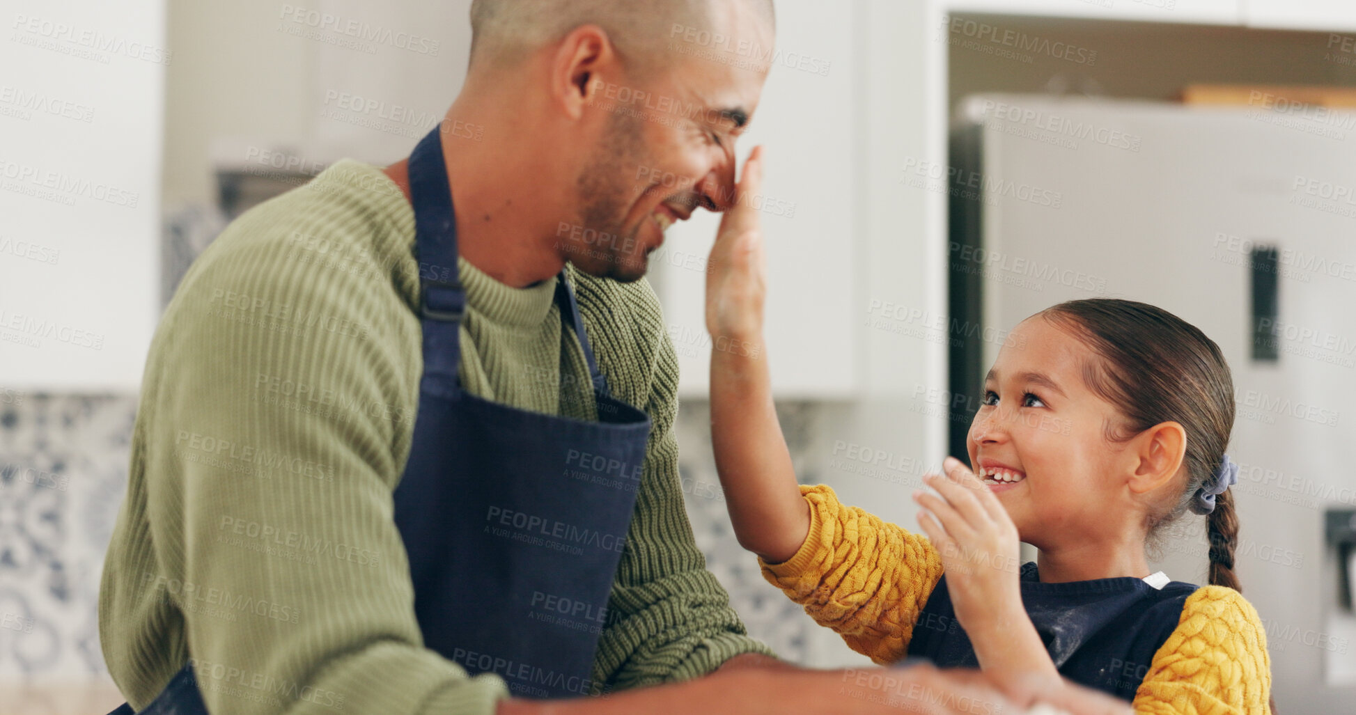 Buy stock photo Baking, father and girl in home, smile and bonding together for hobby, ingredients or playing. Family, dad or daughter in kitchen, happiness or meal prep with skills for cooking, dough or recipe