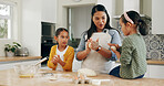 Home, mother and children baking with dough for teaching dessert recipe, bonding and development. Kneading, mom and kids with pastry preparation for cake, learning skills or cooking lesson in kitchen