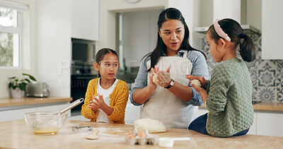 Buy stock photo Home, mother and children baking with dough for teaching dessert recipe, bonding and development. Kneading, mom and kids with pastry preparation for cake, learning skills or cooking lesson in kitchen