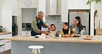 Bake, family and girls in kitchen, kids and bonding together for hobby, ingredients or culinary skills. Happy, parents and children in home, recipe or meal prep with utensils for cooking and dough