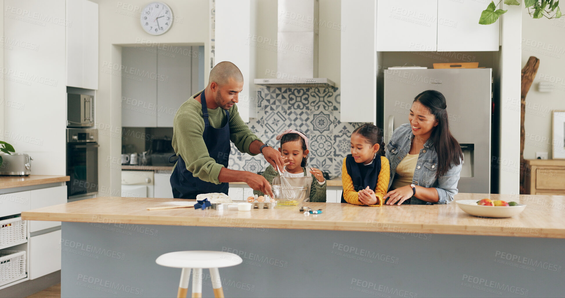 Buy stock photo Bake, family and girls in kitchen, kids and bonding together for hobby, ingredients or culinary skills. Happy, parents and children in home, recipe or meal prep with utensils for cooking and dough