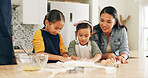 Baking, family and girls in kitchen, ingredients and bonding together for hobby, dough and skills. Happy, parents and children in home, recipe or meal prep with utensils for cooking, growth and help