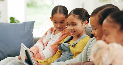 Buy stock photo Relax, smile and children with tablet on sofa, streaming cartoon and movie website for entertainment. Watch show, film subscription and girls with video app for broadcast, family and tech in home