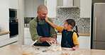 Baking, father and girl in kitchen, smile and bonding together for hobby, ingredients or help. Family, dad or daughter in home, culinary skills or meal prep with utensils for cooking, dough or recipe