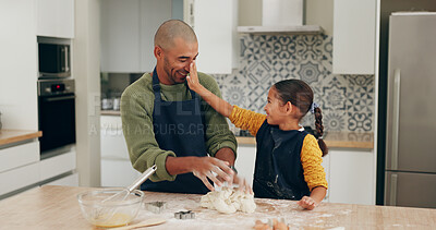 Buy stock photo Baking, father and girl in kitchen, smile and bonding together for hobby, ingredients or help. Family, dad or daughter in home, culinary skills or meal prep with utensils for cooking, dough or recipe