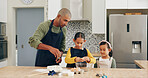 Kitchen, father and kids baking with eggs for learning recipe, cake mixture and child development. Family bonding, dad and girls with cookie ingredients for dessert, teaching skills and help in home
