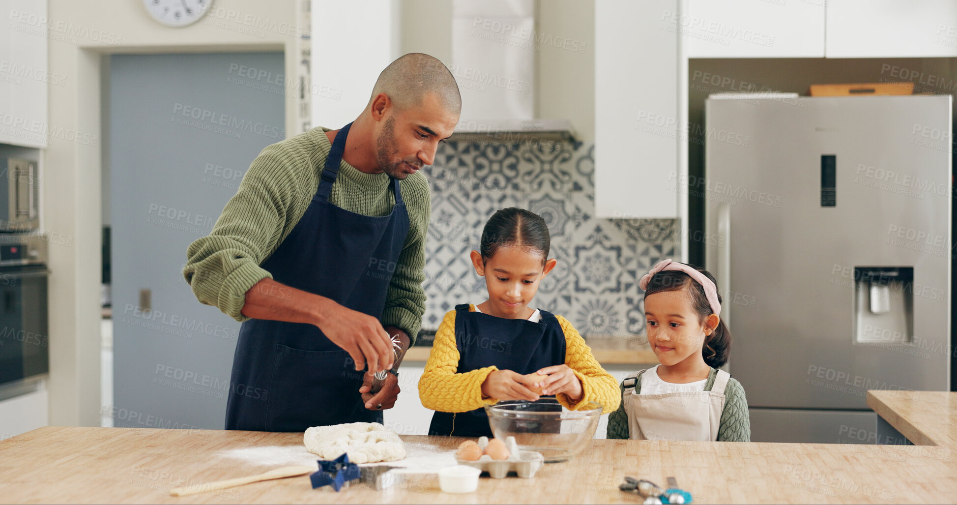 Buy stock photo Kitchen, father and kids baking with eggs for learning recipe, cake mixture and child development. Family bonding, dad and girls with cookie ingredients for dessert, teaching skills and help in home