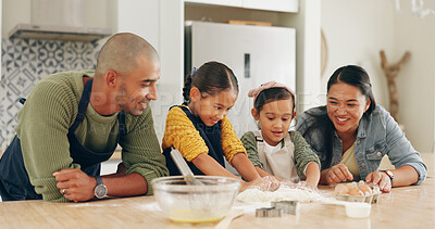 Buy stock photo Kitchen, parents or children baking with dough for teaching cake recipe, kneading guidance or skills. Bonding, people or girl kids with pastry preparation for cookies, learning or development in home