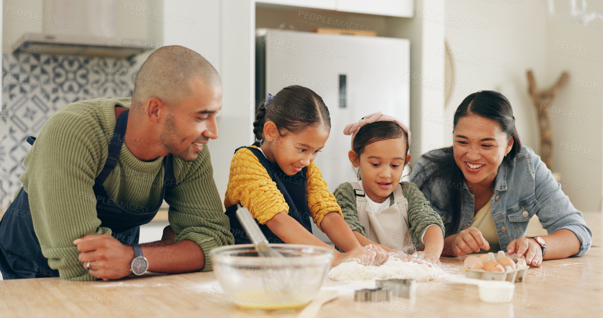 Buy stock photo Kitchen, parents or children baking with dough for teaching cake recipe, kneading guidance or skills. Bonding, people or girl kids with pastry preparation for cookies, learning or development in home