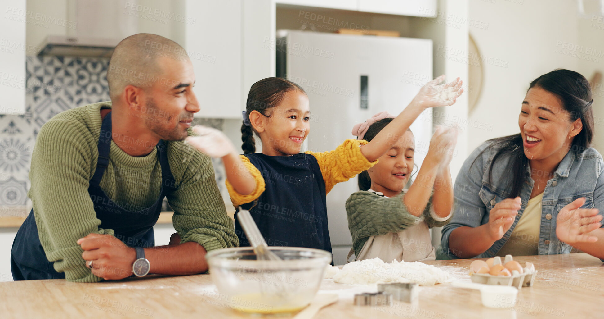 Buy stock photo Baking, family and girls in kitchen, excited and bonding together for hobby, dough and playful. Help, happy parents and children in home, recipe or meal prep with utensils for cooking and development
